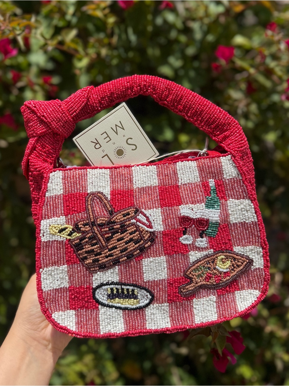 NWT Sol and Mer Picnic Basket Red White Gingham Knotted Top Handle Beaded Bag